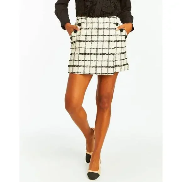 Mestiza Teresa Tweed Mini Skirt Cream Black Faux Wrap US 2 XS NWT Quiet Luxury - Picture 2 of 4